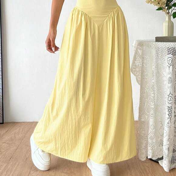 Yellow Casual Women's French Deep V-Neck Backless Tie Waist Pleated Maxi Dress - Picture 4 of 5